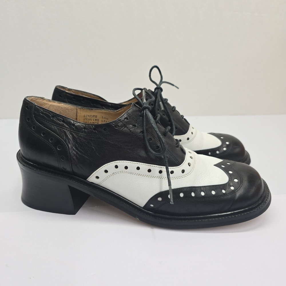 Simone Womens 10M Black White Leather Spectator Oxfords Wingtip Heel Shoes